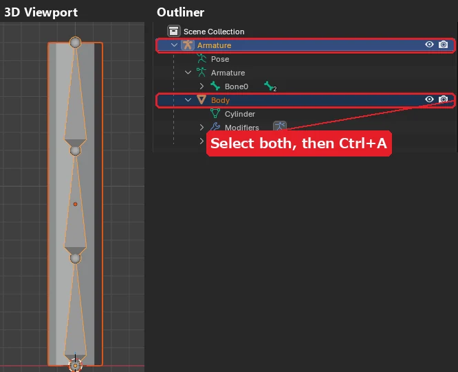 Preparation for Step 2. Armature and Body are both selected in the Outliner, and both are outlined in orange in the 3D Viewport