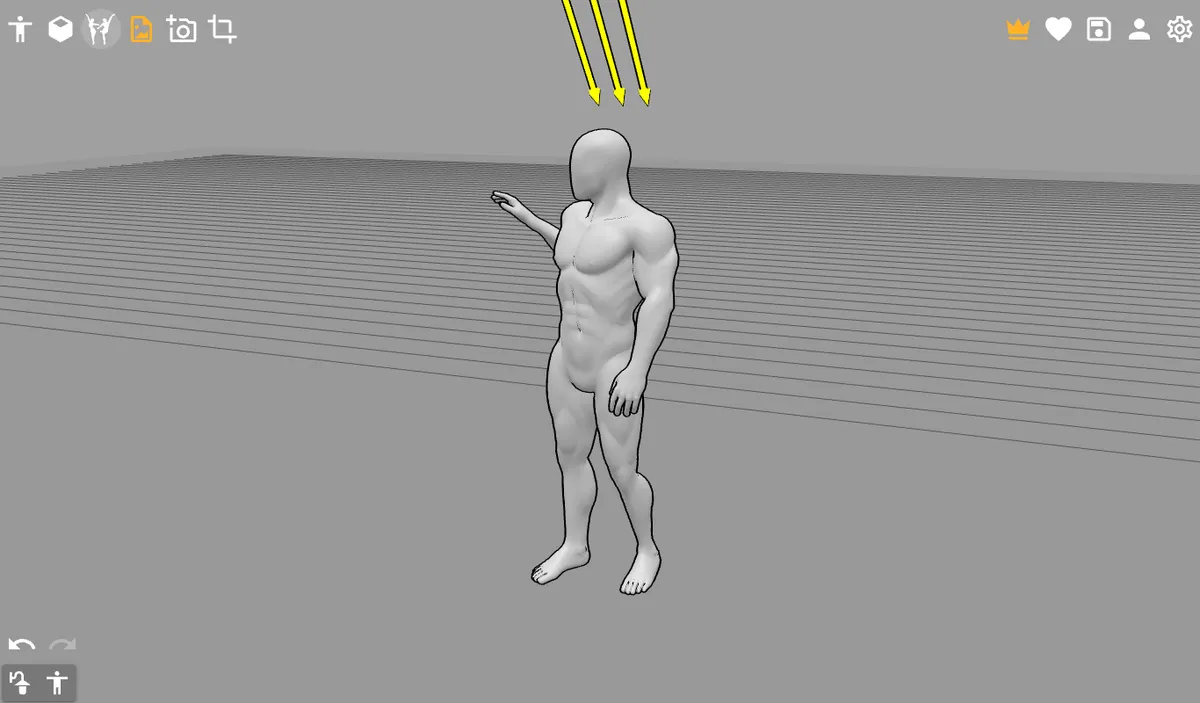 PoseMy.Artで、筋肉質な男性モデルにポーズ集から片手を上げた立ちポーズを読み込んだ画面
