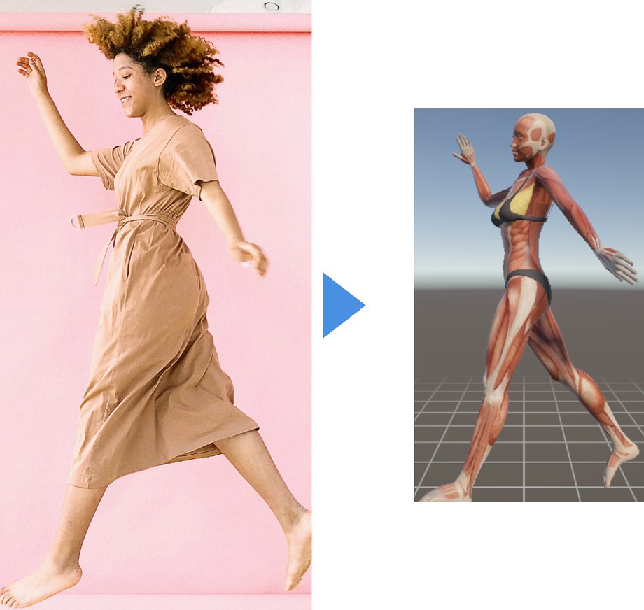 PoseMirrorの動作イメージ。走っている人の写真が、同じポーズをとった3Dの人体モデルに変換されている